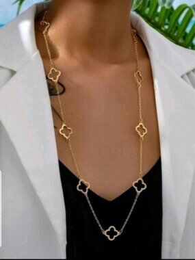 Four Leaf Clover Gold  Long  Necklace